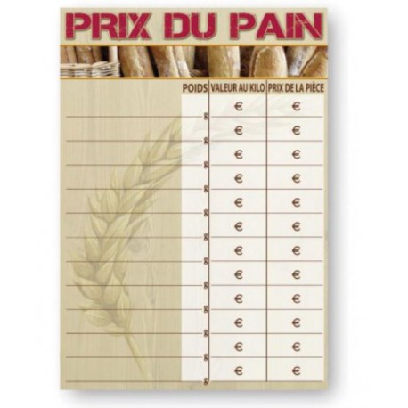 Panneau de tarif Boulangerie  Prix du Pain  "Le Fournil"